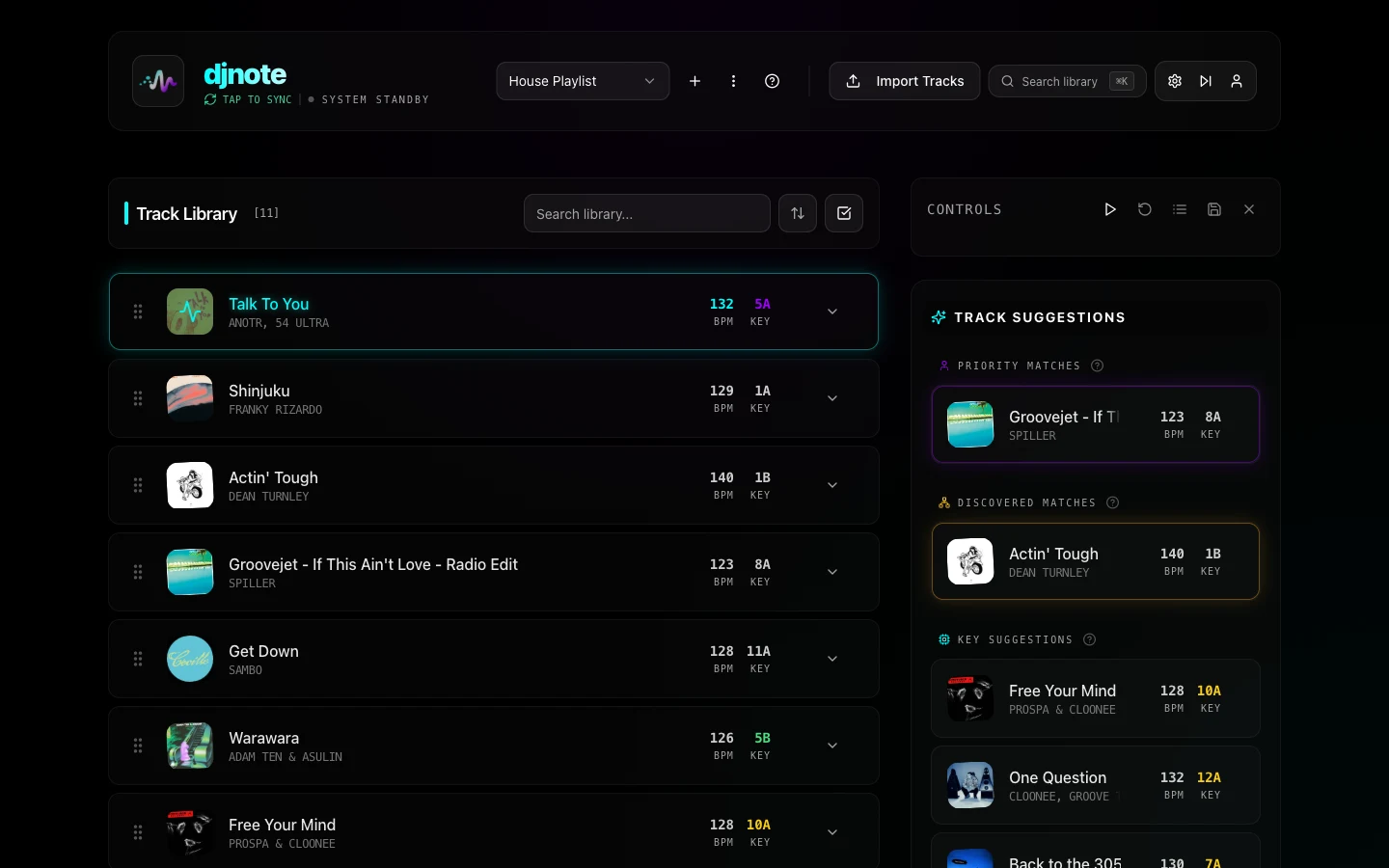 DJNote desktop track library showing track BPM, musical keys, and suggested tracks.